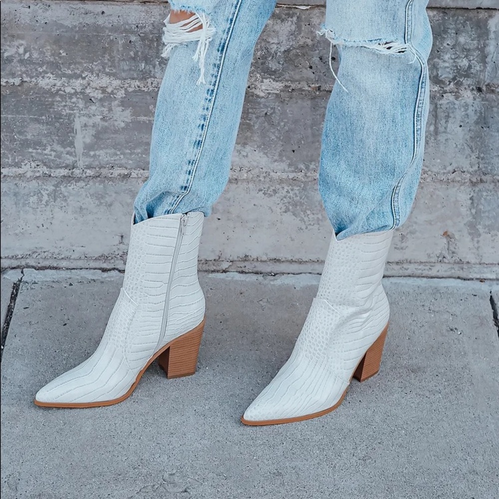 Eleora Bone Crocodile-Embossed Mid-Calf Heel Boots